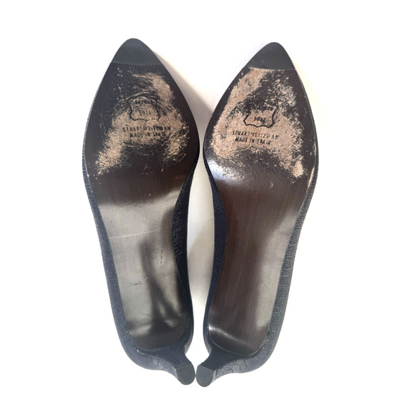 Stuart Weitzman Pumps 8N Black Textured Leather Pointed Toe Slim Heels Elegant - Picture 7 of 11
